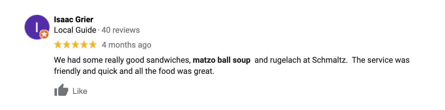 Really good sandwiches, matzo ball soup and rugelach